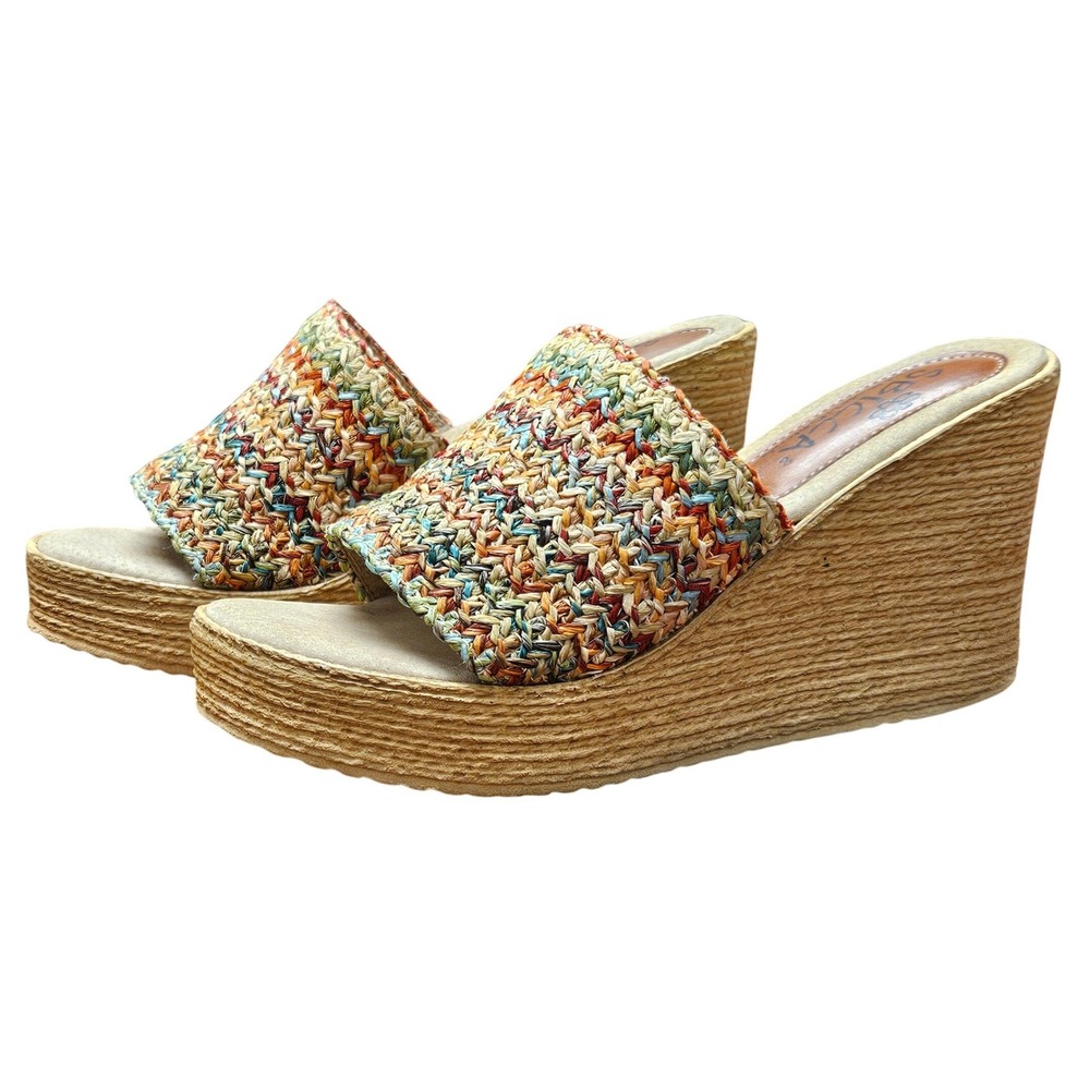 Sbicca Rainbow Crochet Wedge Sandals Boho Platform Slides Womens 8